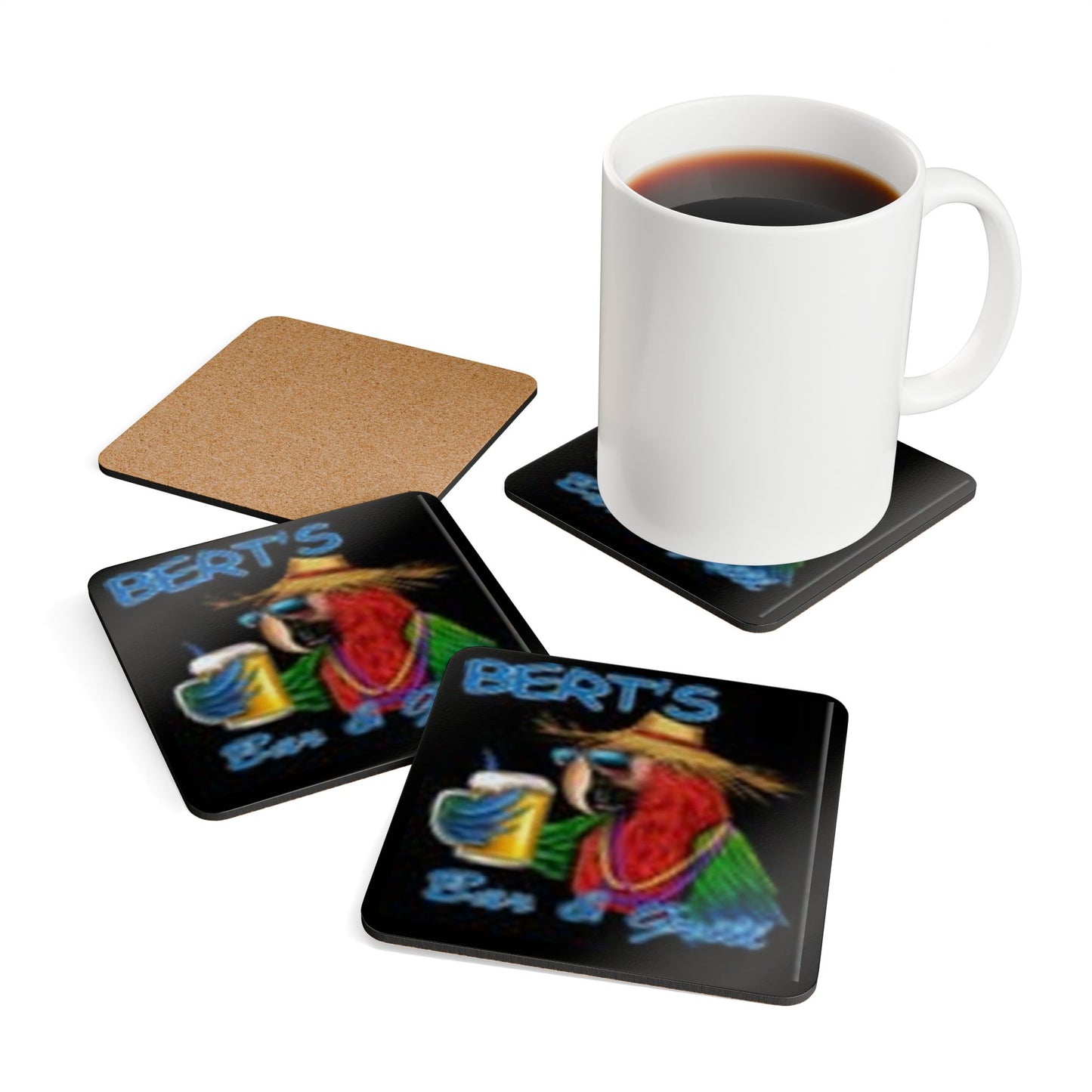Cork 4 piece Coaster Set — 'Bert's Bar & Grill' Tropical Parrot Drink Coasters (Ship only)