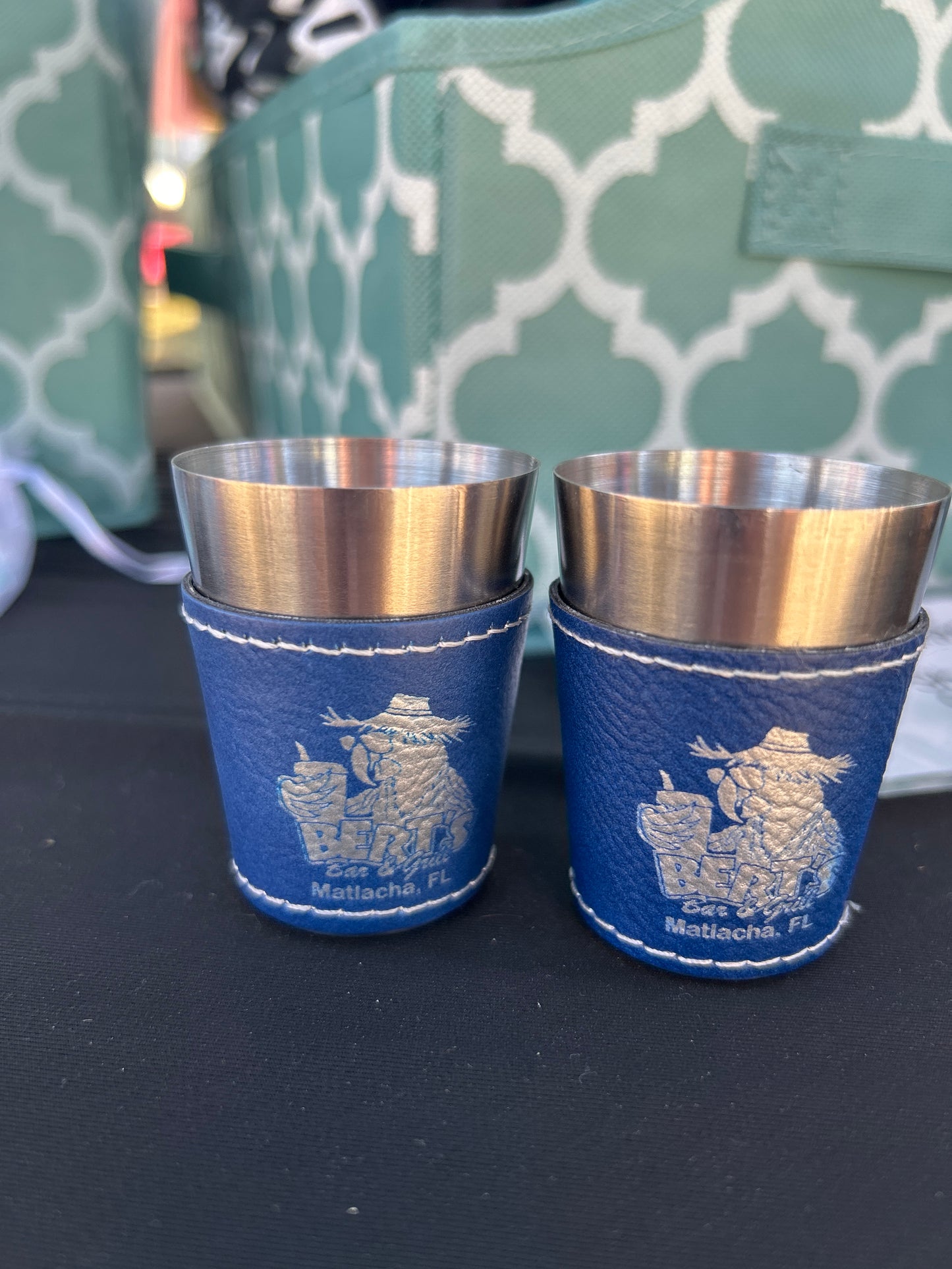 2oz. Engraved Leatherette Shot Glass - Blue/Silver