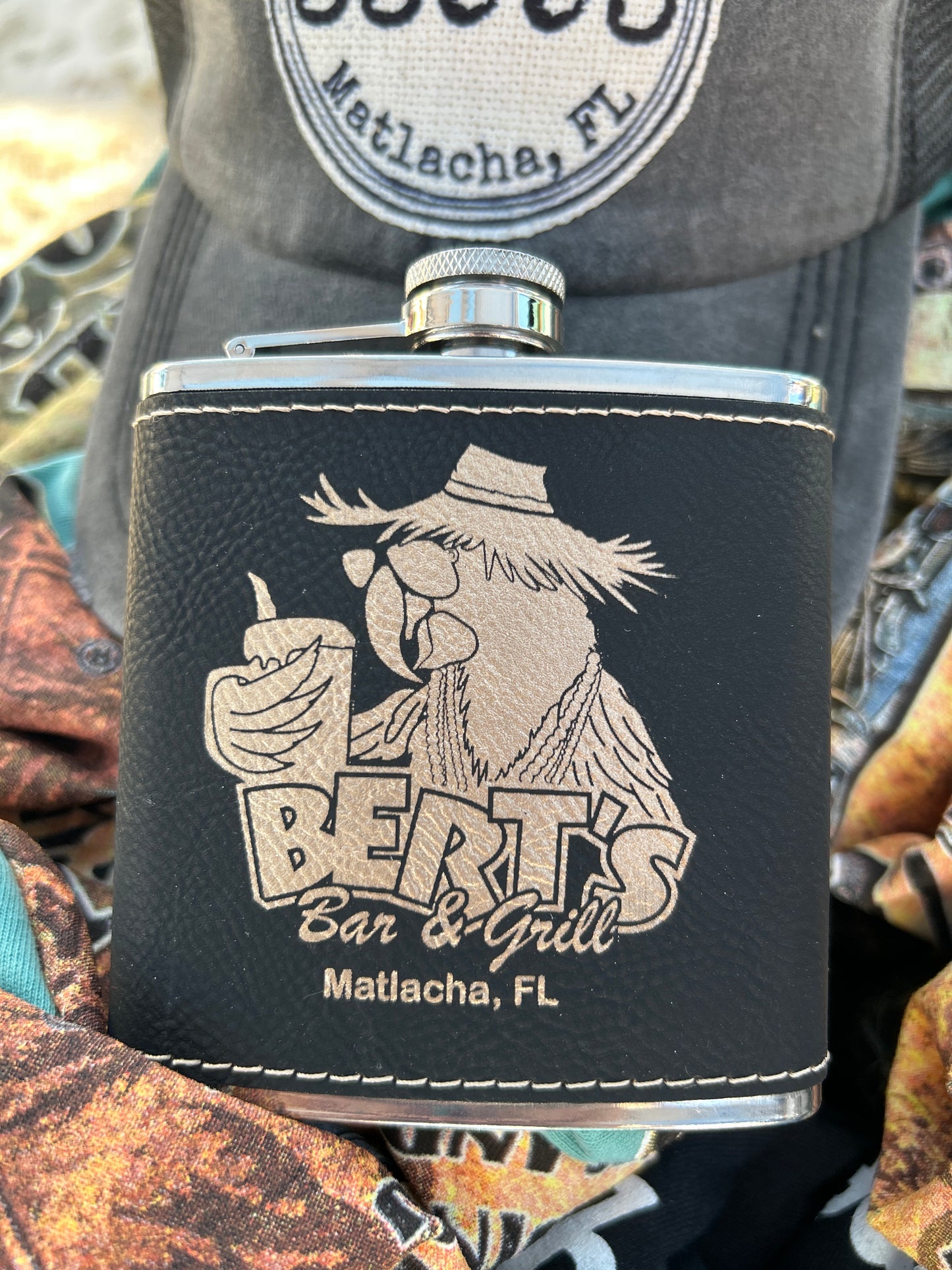 6oz. Engraved Leatherette Flask - Black/Gold